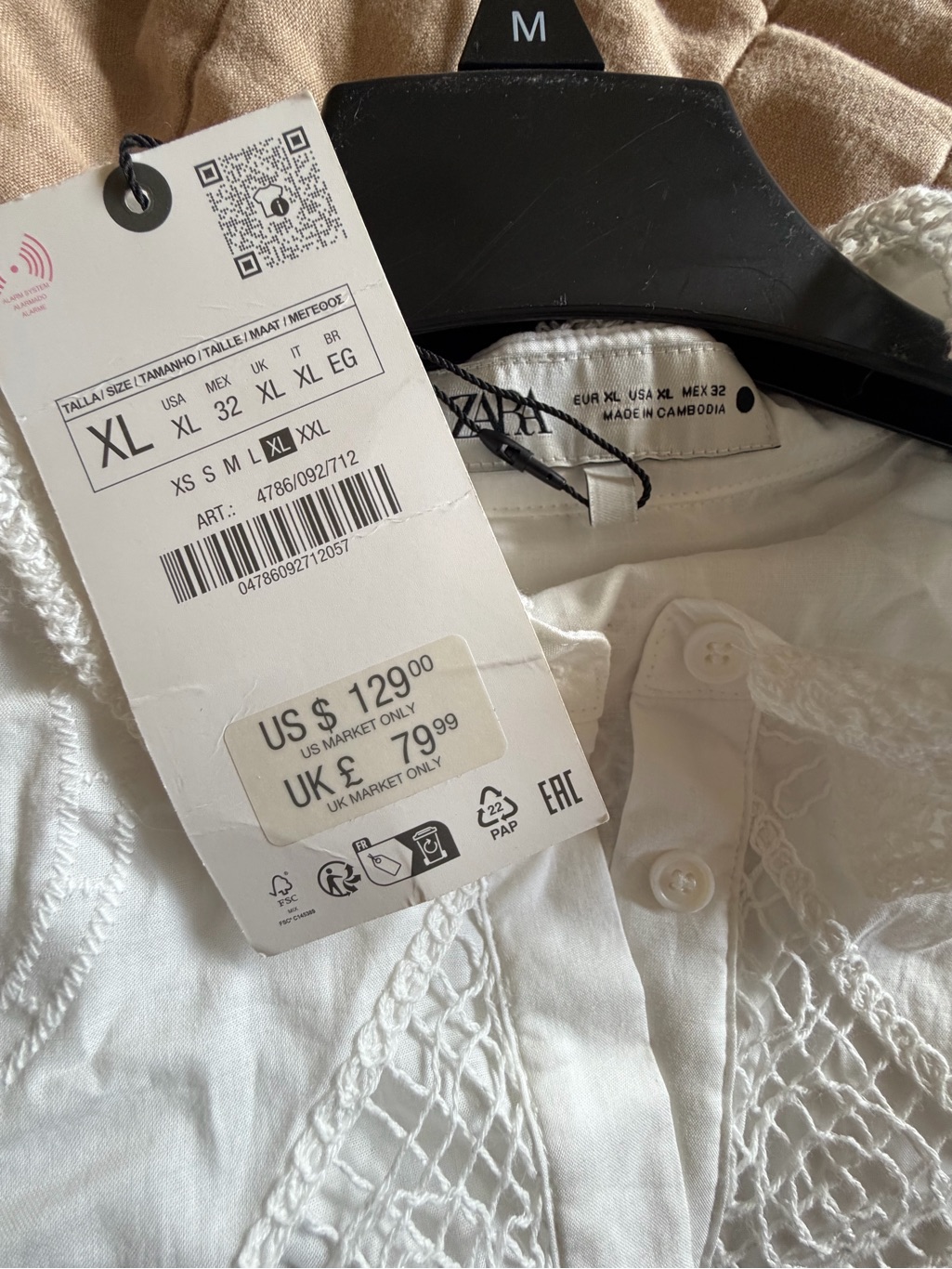 Zara White Crochet-Panel Button-Up Blouse